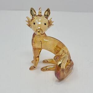 Beautiful Hand Blown Glass Fox Ornament Figureine 3" Tall 2" W Amber & Gold Tone